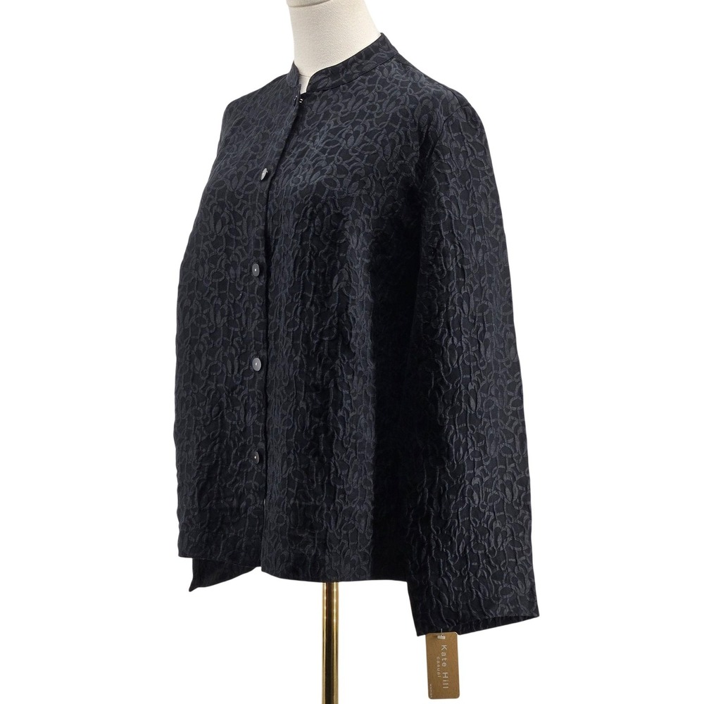 Kate‎ Hill Jacket Womens 14W Black Silk Blend Crepe Collared Button Relaxed
